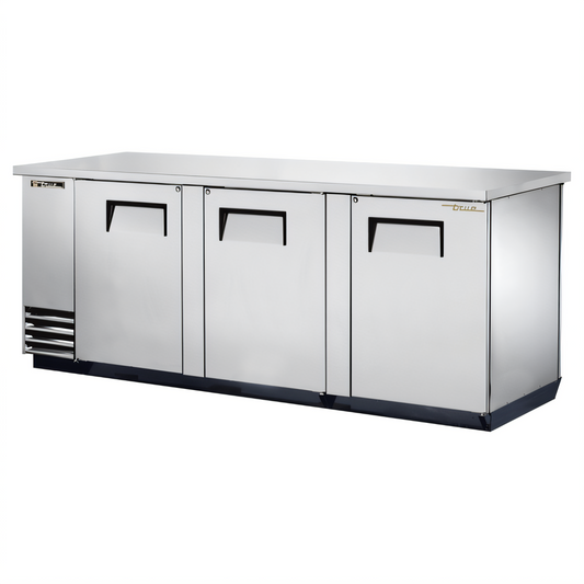 True Mfg True Three-Section Pass-Thru Back Bar Cooler, 90-3/8 Inch Wide, 6 Solid Locking Doors - TBB-4PT-S