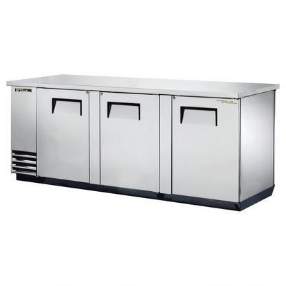 True Mfg True Three-Section Pass-Thru Back Bar Cooler, 90-3/8 Inch Wide, 6 Solid Locking Doors - TBB-4PT-S