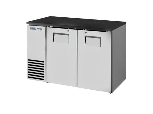 True Mfg TBB24-48-2S-Z1-BST-S-1 48-Inch Two-Section Back Bar Cooler with Solid Swing Doors, Black Sub Top, and Stainless Exterior - TBB24-48-2S-Z1-BST-S-1