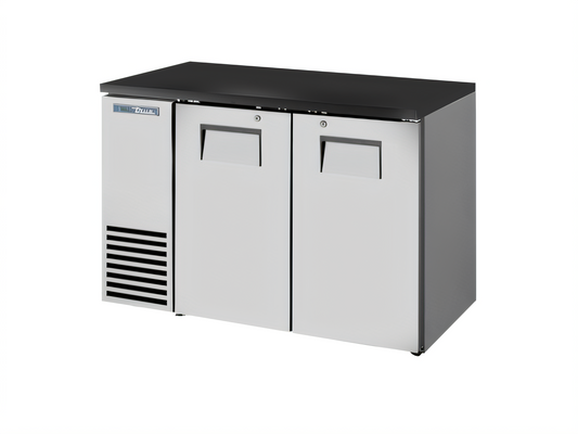 True Mfg TBB24-48-2S-Z1-BST-S-1 48-Inch Two-Section Back Bar Cooler with Solid Swing Doors, Black Sub Top, and Stainless Exterior - TBB24-48-2S-Z1-BST-S-1