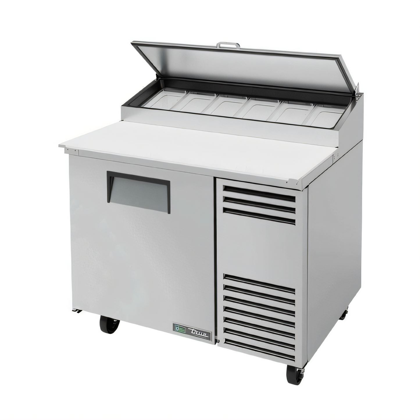 True Mfg True TPP-AT-44-HC 44-3/4-Inch Pizza Prep Table with 1 Door, 6-Pan Top, and 19-1/2-Inch Cutting Board - TPP-AT-44-HC