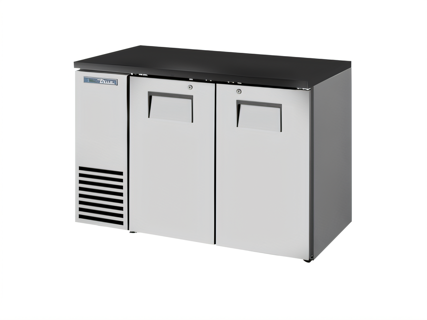 True Mfg TBB24-48-2S-Z1-BST-S-1 48-Inch Two-Section Back Bar Cooler with Solid Swing Doors, Black Sub Top, and Stainless Exterior - TBB24-48-2S-Z1-BST-S-1
