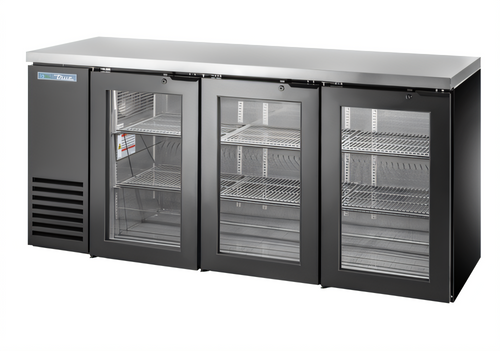 True Mfg True Two-Section Three-Door Glass Back Bar Cooler, 72 1/8-Inch, Black Exterior, Self-Contained Side-Mounted - TBB24-72-3G-Z1-SFT-B-1