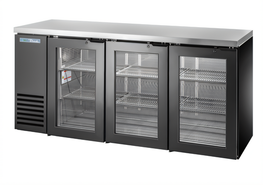 True Mfg True Two-Section Three-Door Glass Back Bar Cooler, 72 1/8-Inch, Black Exterior, Self-Contained Side-Mounted - TBB24-72-3G-Z1-SFT-B-1