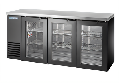 True Mfg True Two-Section Three-Door Glass Back Bar Cooler, 72 1/8-Inch, Black Exterior, Self-Contained Side-Mounted - TBB24-72-3G-Z1-SFT-B-1