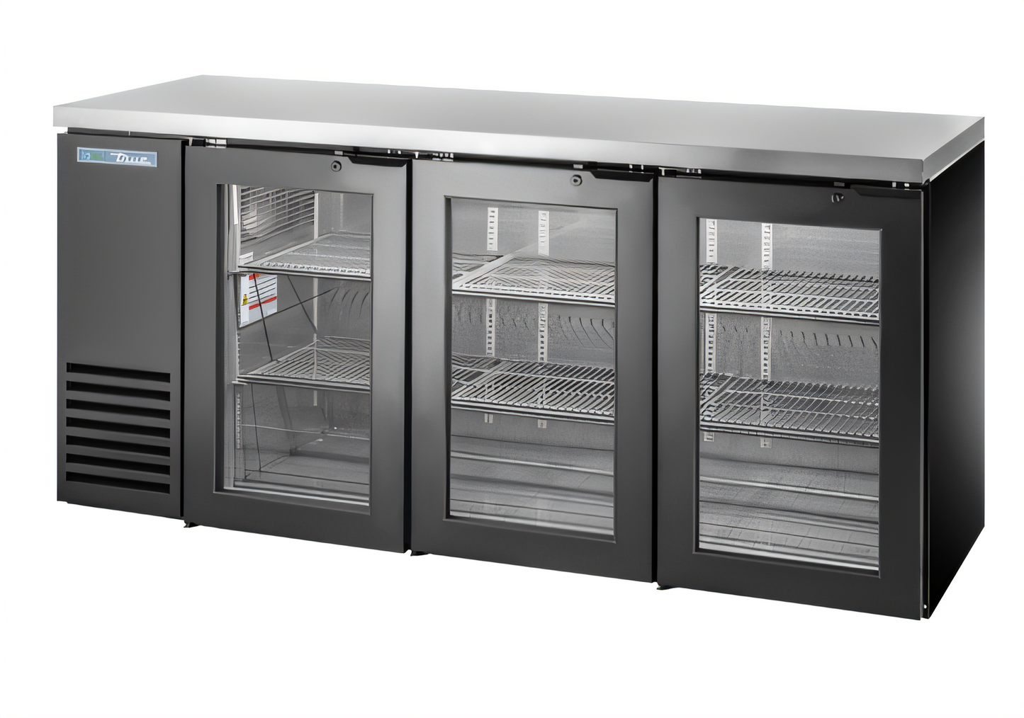 True Mfg True Two-Section Three-Door Glass Back Bar Cooler, 72 1/8-Inch, Black Exterior, Self-Contained Side-Mounted - TBB24-72-3G-Z1-SFT-B-1