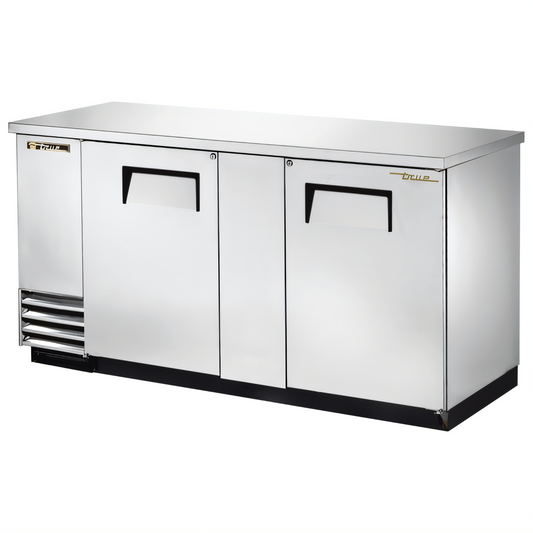 True Mfg TBB-3-S-HC Two-Section Solid Swing Door Back Bar Cooler, 69-1/8 Inch, Left-Side Self-Contained  - TBB-3-S-HC