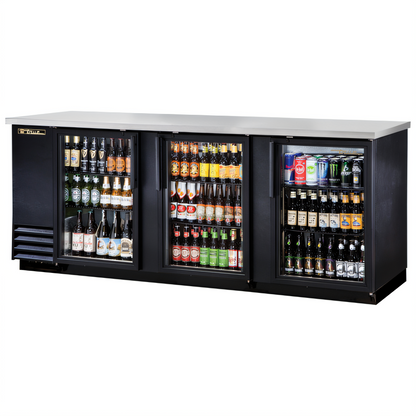 True Mfg TBB-4G-HC-LD Three-Section Back Bar Cooler with 3 Locking Glass Doors and Left-Mounted Condensing Unit - TBB-4G-HC-LD
