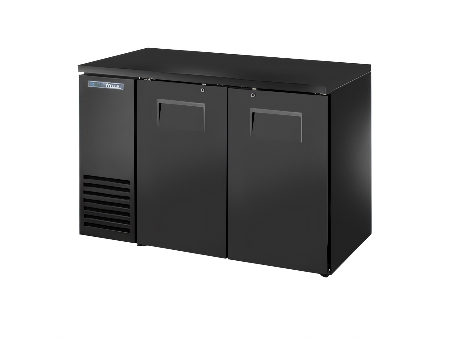 True Mfg Two-Section Single-Zone Solid Swing Door Back Bar Cooler, 48-1/8 Inch Wide, 24 Inch Deep, Black Sub Top and Black Exterior - TBB24-48-2S-Z1-BST-B-1
