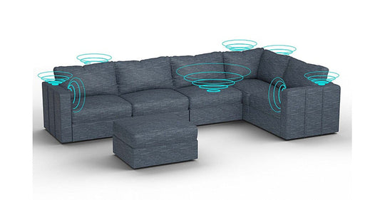 Lovesac – 6 Seats + 8 Sides Rained Chenille &amp; Lovesoft with 8 Speaker Immersive Sound + Charge System – Vintage Blue - 1772603024625_833