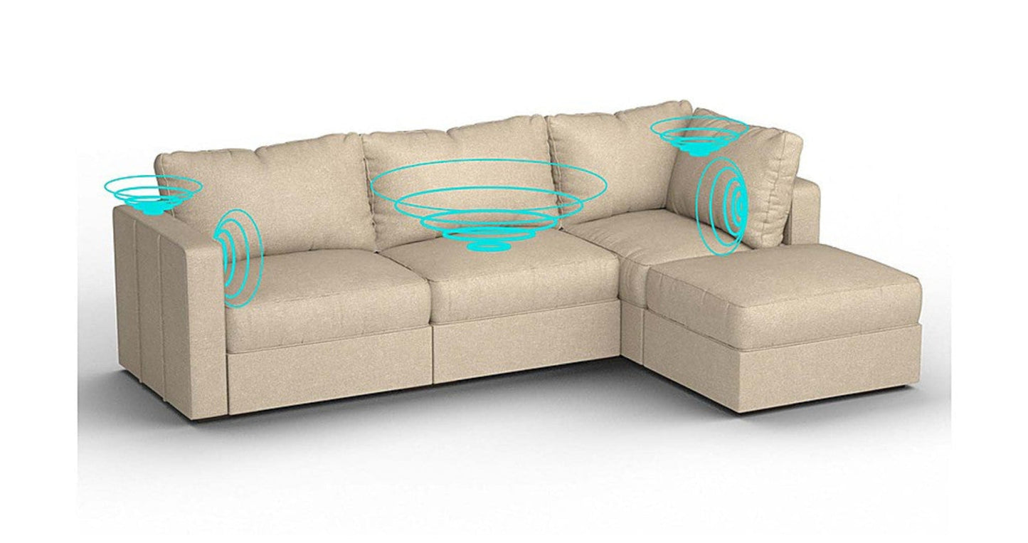 Lovesac – 4 Seats + 5 Sides Combed Chenille &amp; Lovesoft with 6 Speaker Immersive Sound + Charge System – Tan - 1772606846159_899