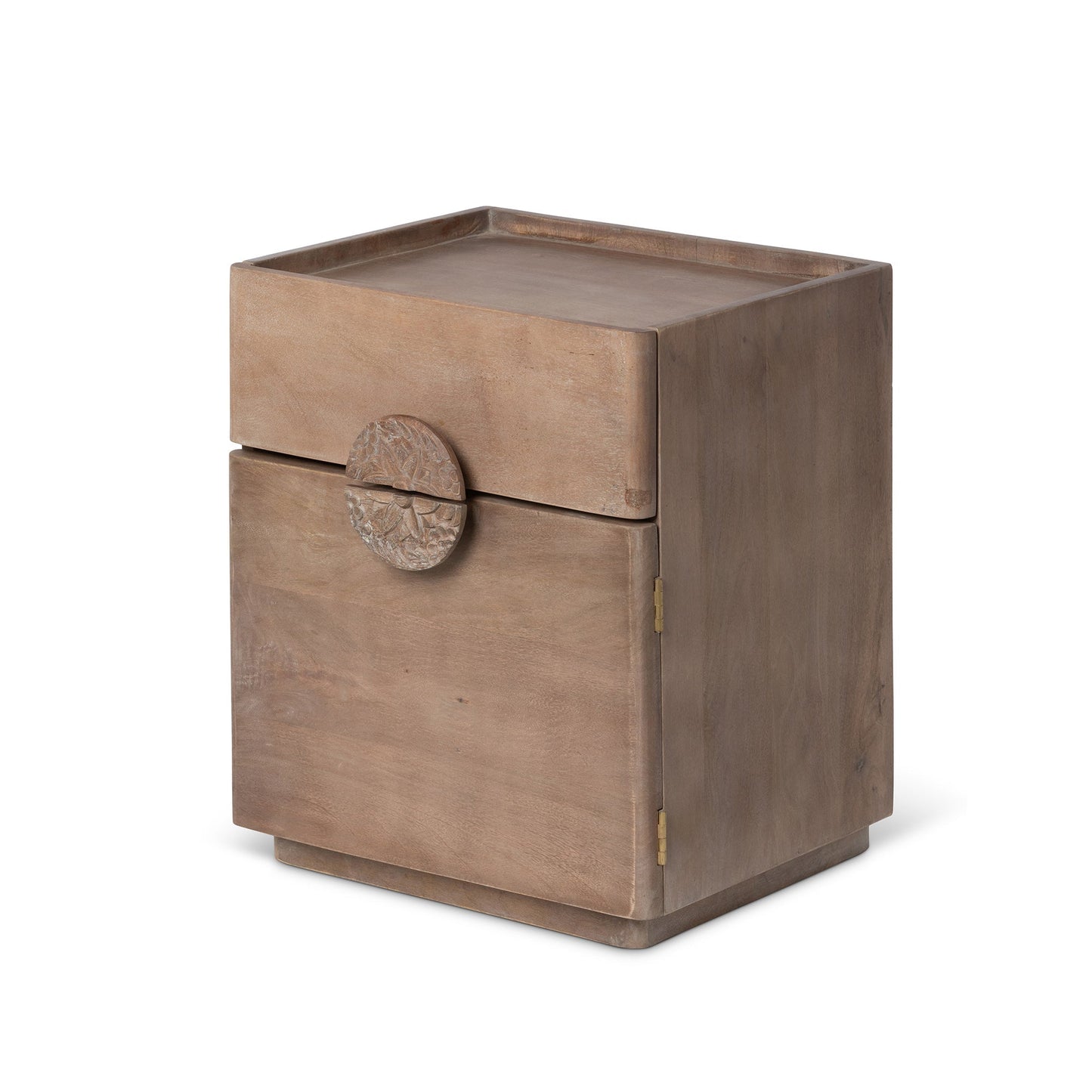 Park Hill Collection Rosette Hand-Carved Mango Wood Side Table with Drawer & Elegant Medallion Design - Natural Finish - EFT26193