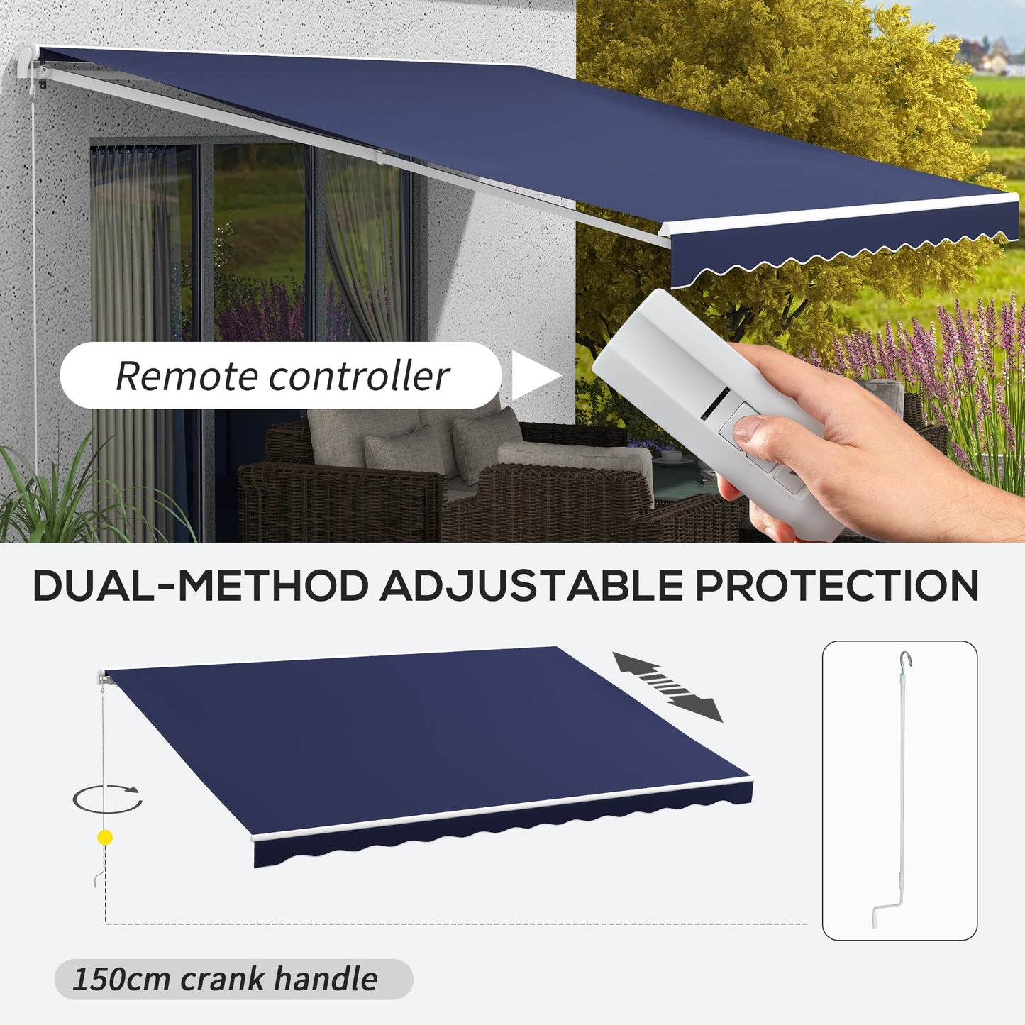 16' x 10' Electric Retractable Awning with Remote & Crank Handle, Blue