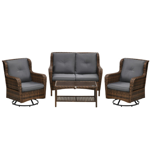 Outsunny 4 Piece PE Rattan Patio Furniture Set with 2 Swivel Rockers, 2-Tier Glass Table &amp; Loveseat, Gray - 860-257V00MB