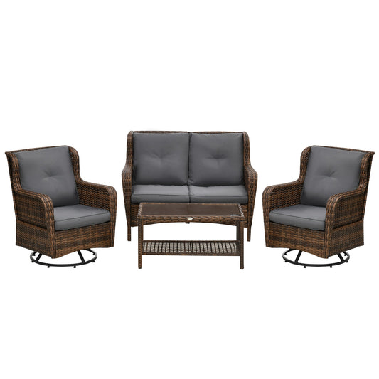 Outsunny 4 Piece PE Rattan Patio Furniture Set with 2 Swivel Rockers, 2-Tier Glass Table &amp; Loveseat, Gray - 860-257V00MB