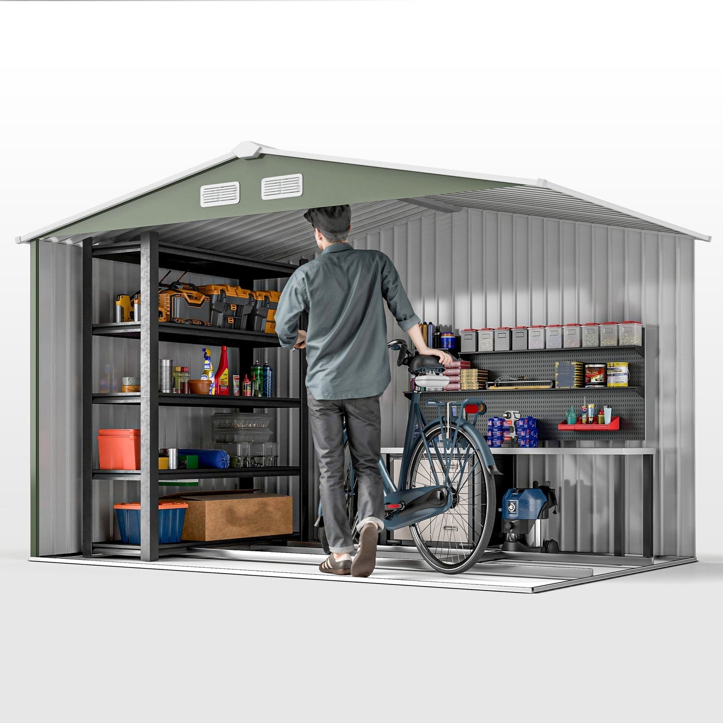 Outsunny EverBase 9' x 6' Outdoor Storage Shed with Foundation Kit, Double Lockable Door & Air Vents, Green - 845-031YG