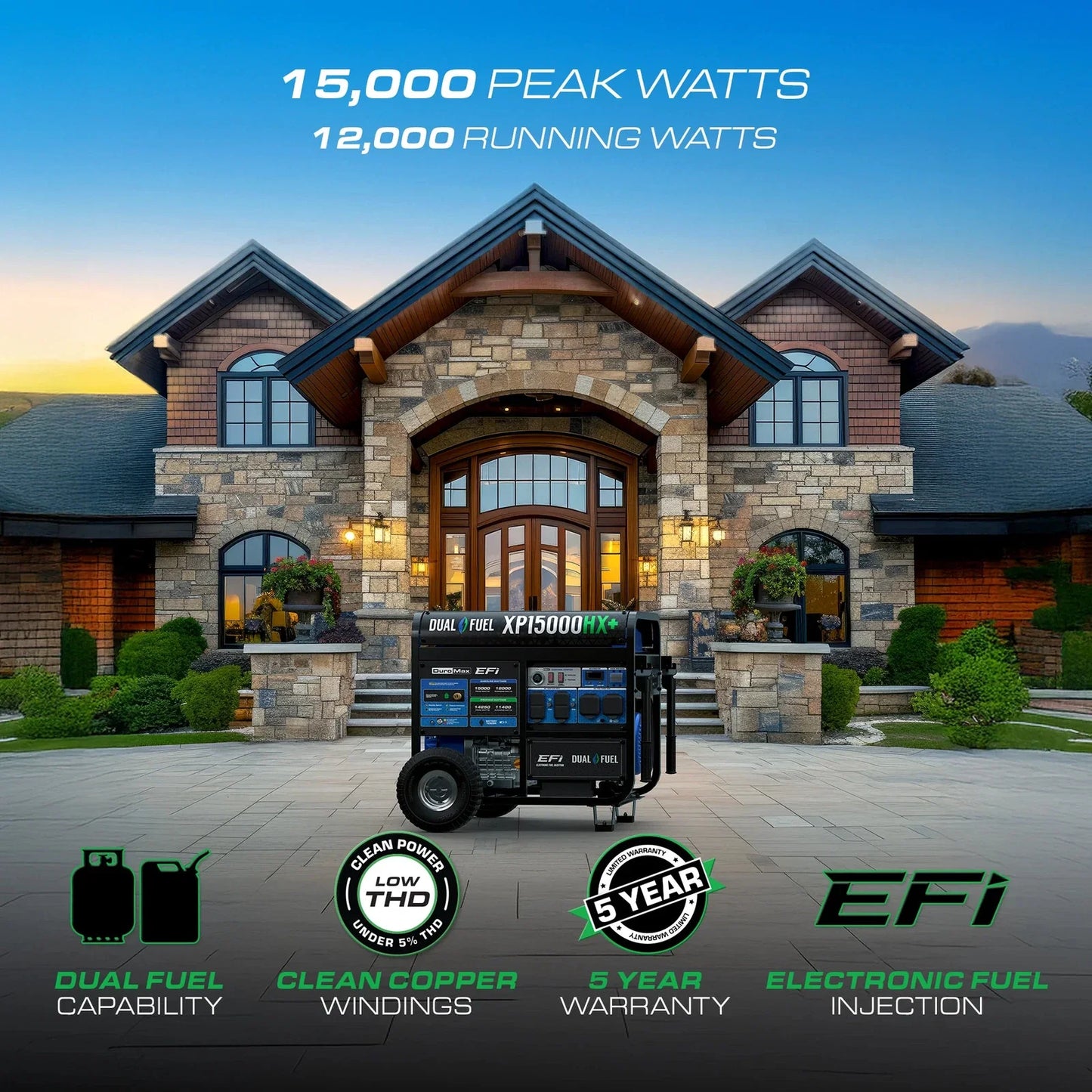 Aurora Generators DuroMax XP15000HX+ 15,000W Electric Start Dual Fuel EFI Portable Generator - XP15000HX+