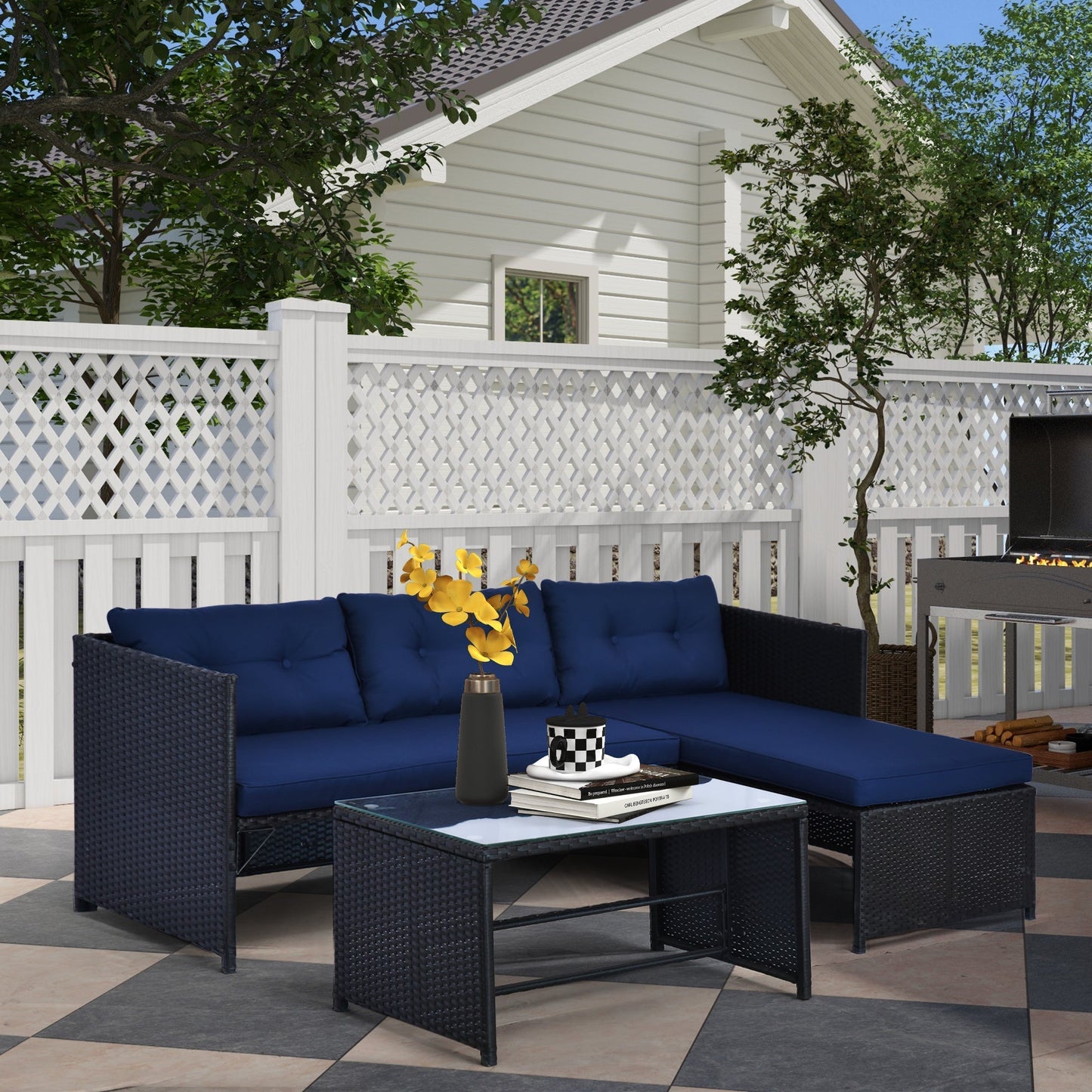 Outsunny 3 Piece Outdoor L-Shaped Rattan Patio Furniture Set with Sofa, Table and Cushions, Blue - 841-121BU