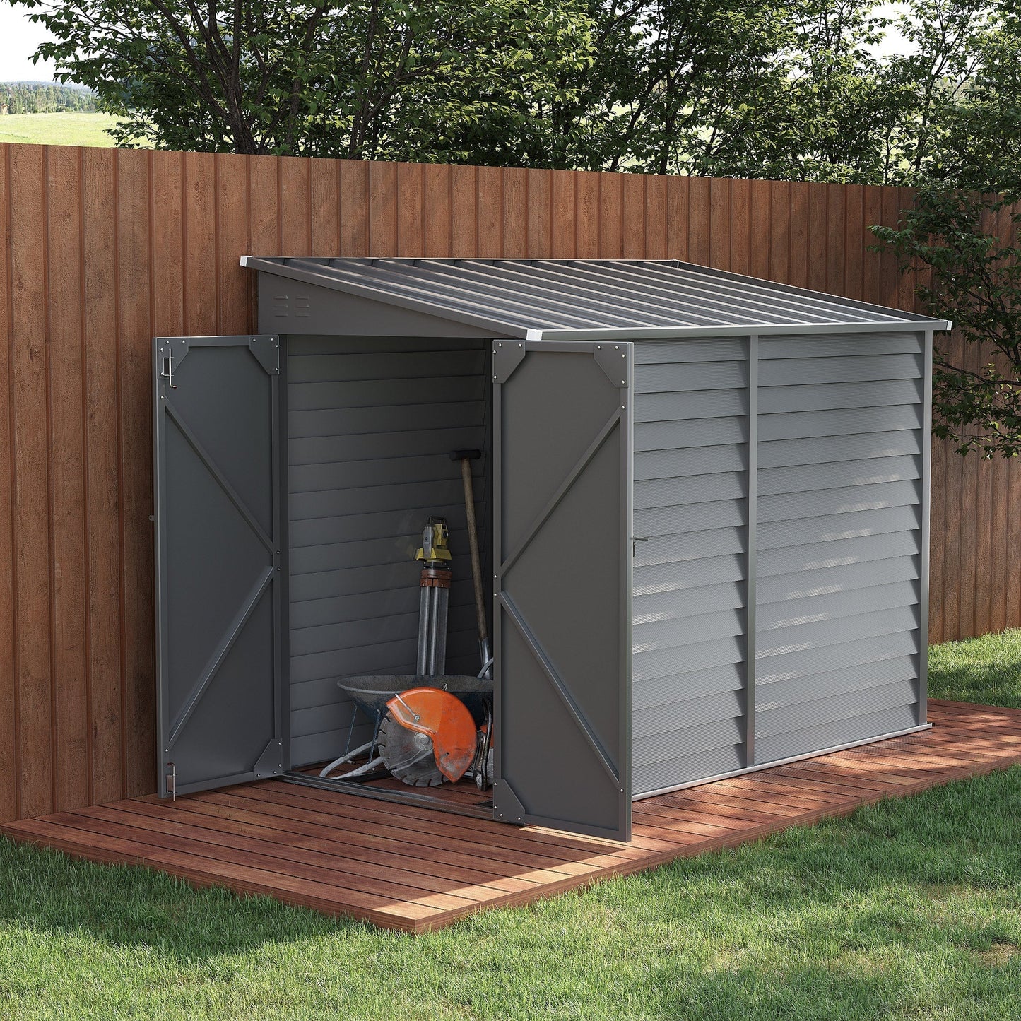 Outsunny 4.6' x 9' Steel Outdoor Storage Shed, with Foundation Kit, Lockable Doors and Gloves, Gray - 845-841V01GY