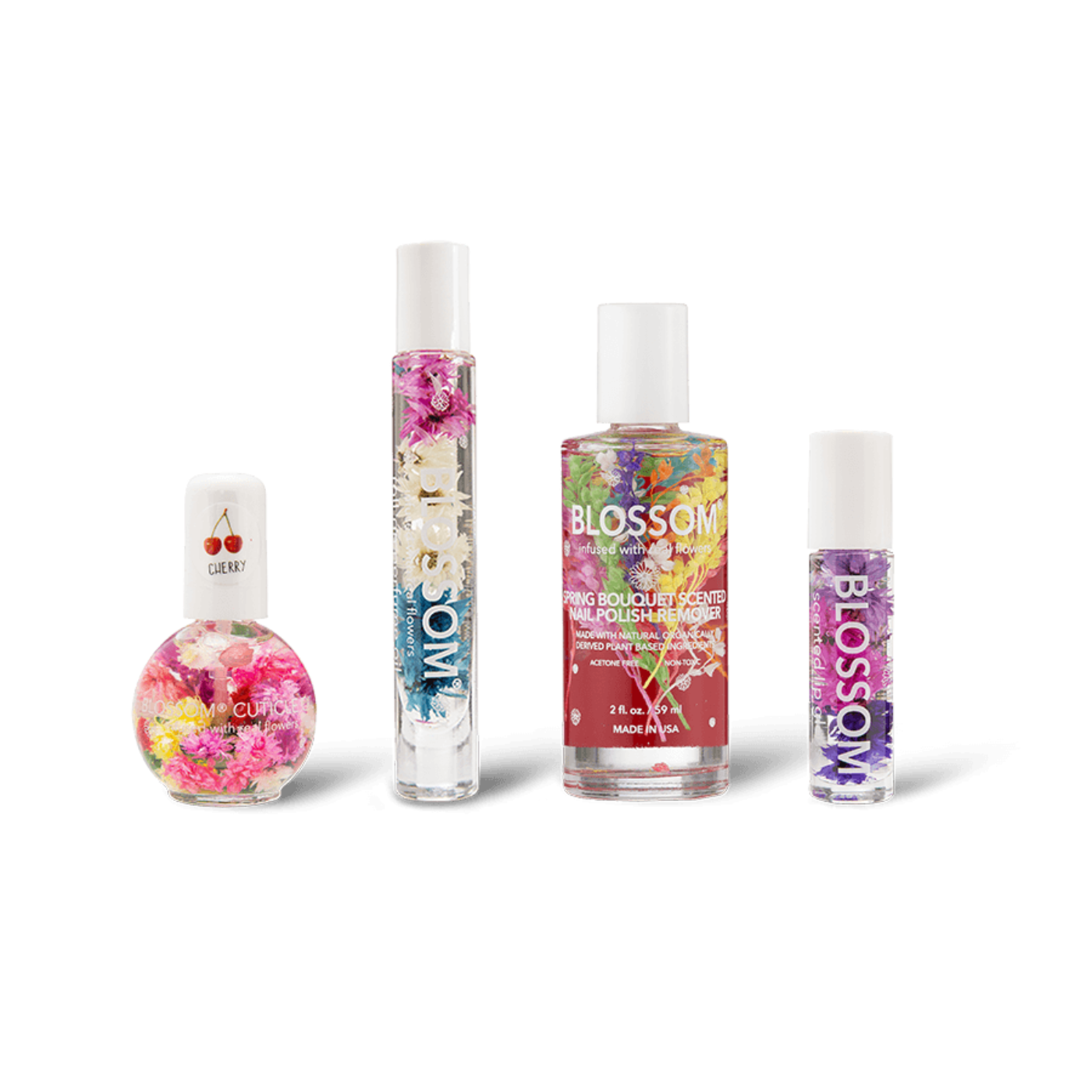 Blossom Jet Set - 1/2 Oz. Cuticle Oil, Roll-On Perfume Oil, Nail Polish Remover, and Roll-on Lip Gloss - BL-BUNDLEMIX3