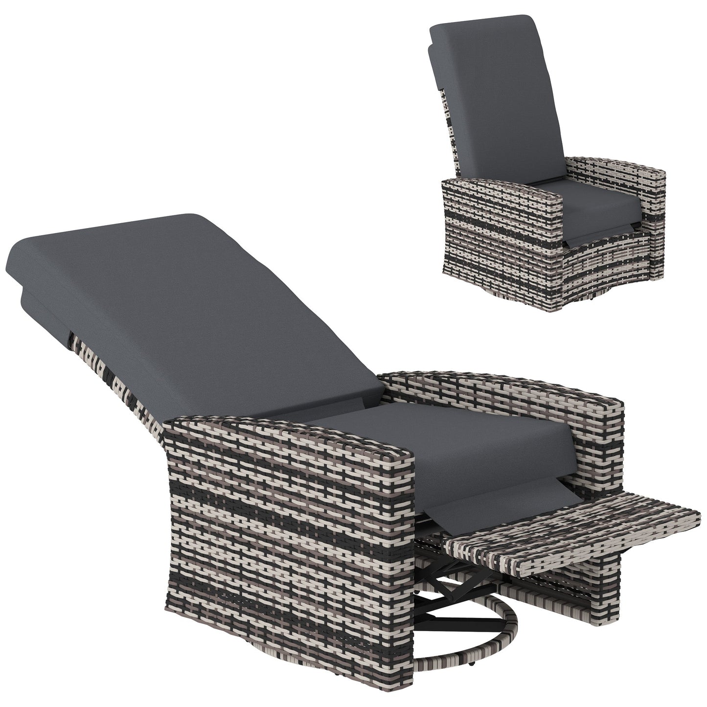 Wicker Swivel Reclining Garden Chair with Lifting Footrest, Water-Resistant Cushions, Gray
