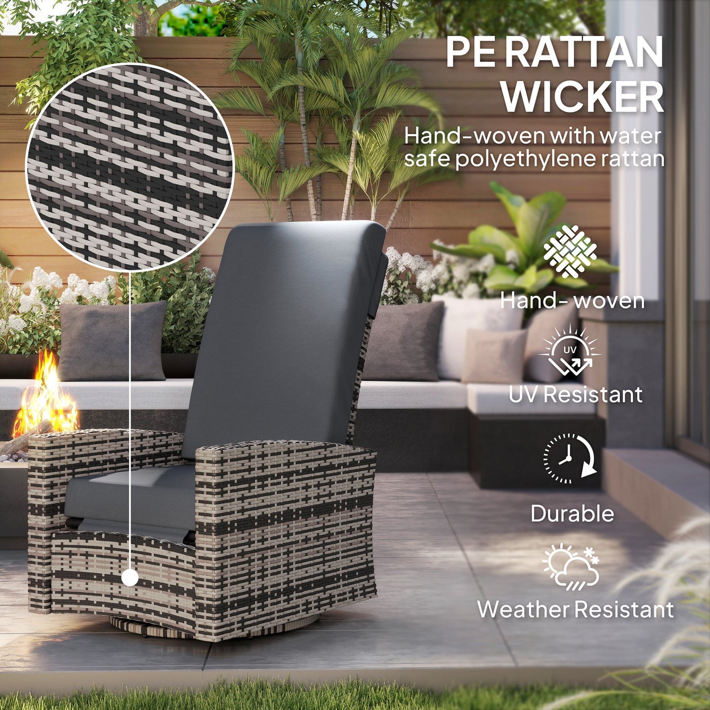 Wicker Swivel Reclining Garden Chair with Lifting Footrest, Water-Resistant Cushions, Gray