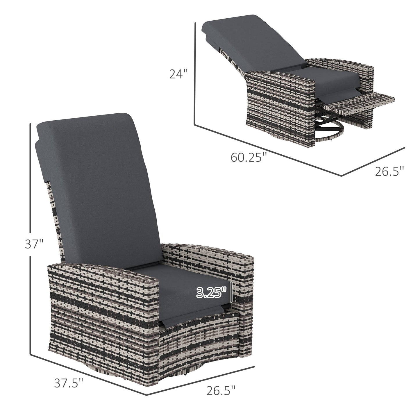 Wicker Swivel Reclining Garden Chair with Lifting Footrest, Water-Resistant Cushions, Gray