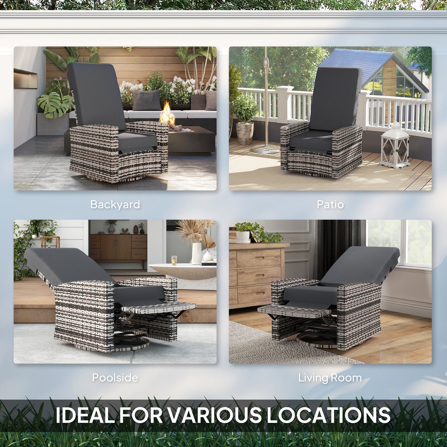 Wicker Swivel Reclining Garden Chair with Lifting Footrest, Water-Resistant Cushions, Gray