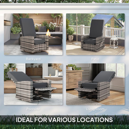 Wicker Swivel Reclining Garden Chair with Lifting Footrest, Water-Resistant Cushions, Gray