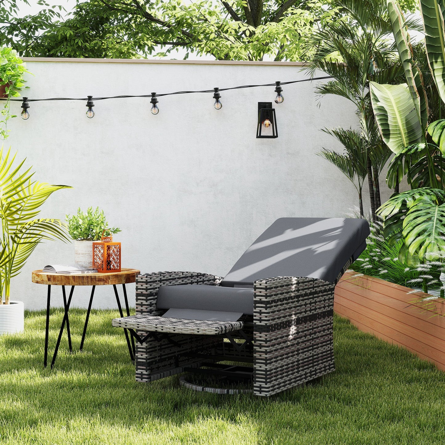 Wicker Swivel Reclining Garden Chair with Lifting Footrest, Water-Resistant Cushions, Gray