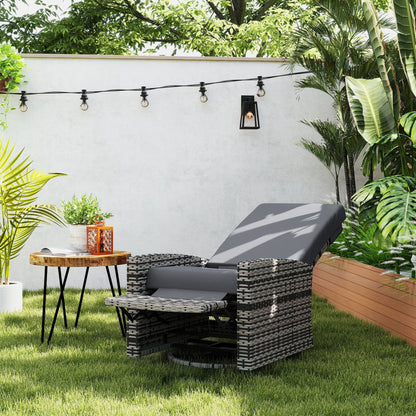 Wicker Swivel Reclining Garden Chair with Lifting Footrest, Water-Resistant Cushions, Gray