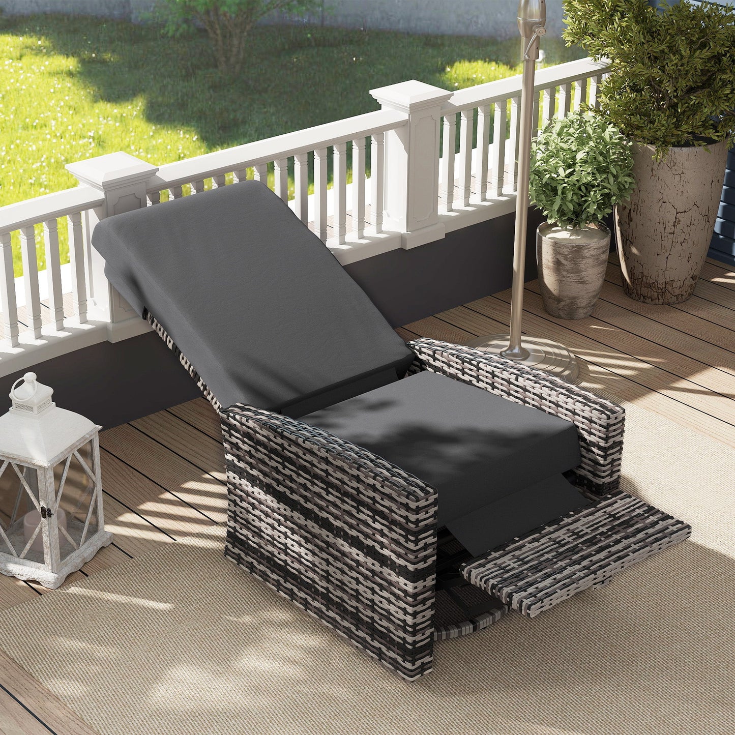 Wicker Swivel Reclining Garden Chair with Lifting Footrest, Water-Resistant Cushions, Gray
