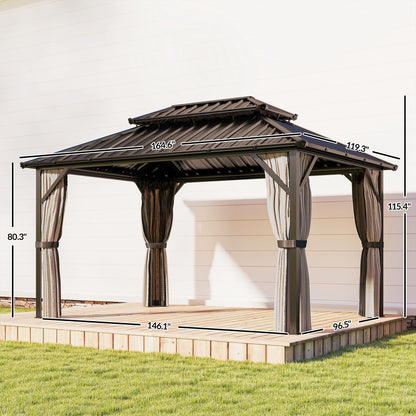 10' x 14' Hardtop Gazebo with Curtains and Netting, Brown