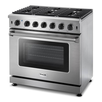 Thor Kitchen 2-Piece Appliance Package - 36-Inch Propane Gas Range  & Premium Wall Mount Hood in Stainless Steel - AP2-LRG36B-LP