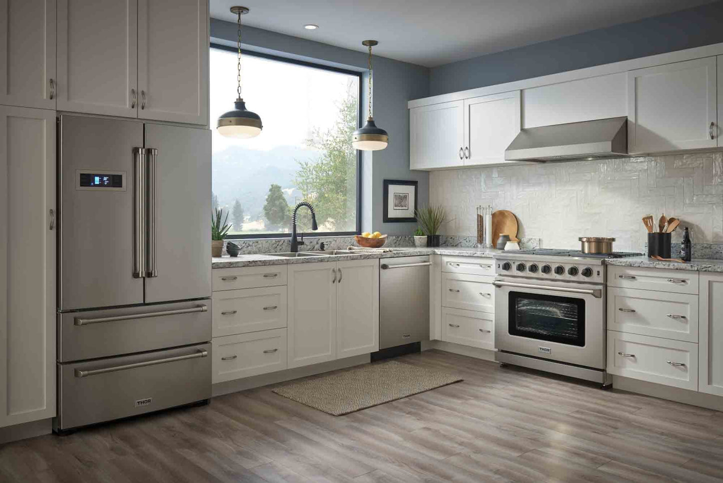Thor Kitchen 4-Piece Appliance Package - 36-Inch Propane Gas Range, French Door Refrigerator, Dishwasher, and Microwave Drawer in Stainless Steel - APR4-LRG36-LP-MW