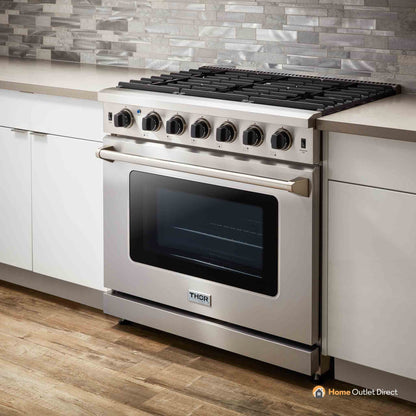 Thor Kitchen 4-Piece Appliance Package - 36-Inch Propane Gas Range, French Door Refrigerator, Dishwasher, and Microwave Drawer in Stainless Steel - APR4-LRG36-LP-MW