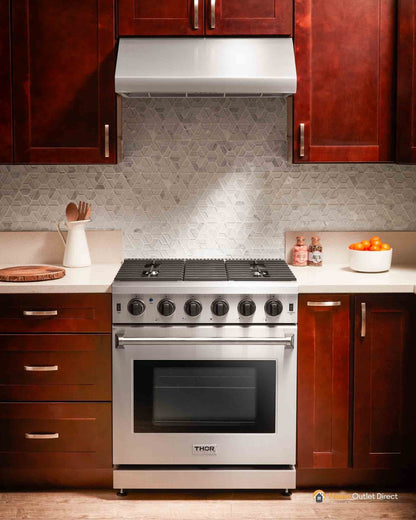 Thor Kitchen 5-Piece Appliance Package - 30-Inch Propane Gas Range, French Door Refrigerator, Wall Mount Hood, Dishwasher, and Microwave Drawer in Stainless Steel - APR5-LRG30B-LP