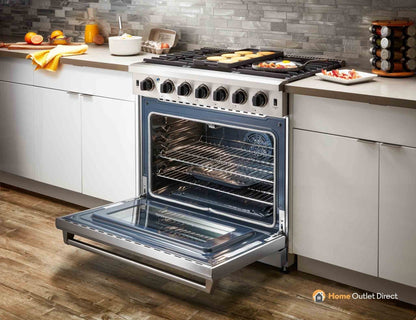 Thor Kitchen 5-Piece Appliance Package - 36-Inch Propane Gas Range, Refrigerator with Water Dispenser, Wall Mount Hood, Dishwasher, & Microwave Drawer in Stainless Steel - APW5-LRG36B-LP