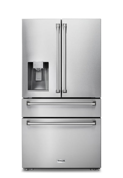 Thor Kitchen 5-Piece Appliance Package - 36-Inch Propane Gas Range, Refrigerator with Water Dispenser, Wall Mount Hood, Dishwasher, & Microwave Drawer in Stainless Steel - APW5-LRG36B-LP