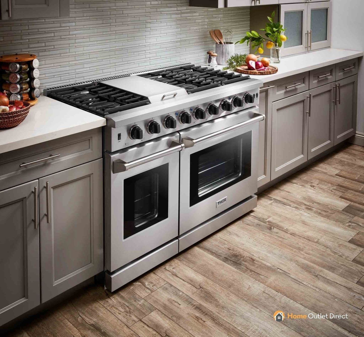 Thor Kitchen 5-Piece Appliance Package - 48-Inch Propane Gas Range, Refrigerator with Water Dispenser, Pro Wall Mount Hood, Dishwasher, & Microwave Drawer in Stainless Steel