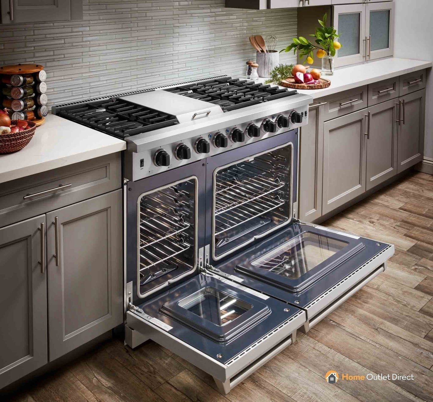 Thor Kitchen 5-Piece Appliance Package - 48-Inch Propane Gas Range, Refrigerator with Water Dispenser, Pro Wall Mount Hood, Dishwasher, & Microwave Drawer in Stainless Steel