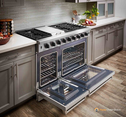 Thor Kitchen 5-Piece Appliance Package - 48-Inch Propane Gas Range, Refrigerator with Water Dispenser, Pro Wall Mount Hood, Dishwasher, & Microwave Drawer in Stainless Steel