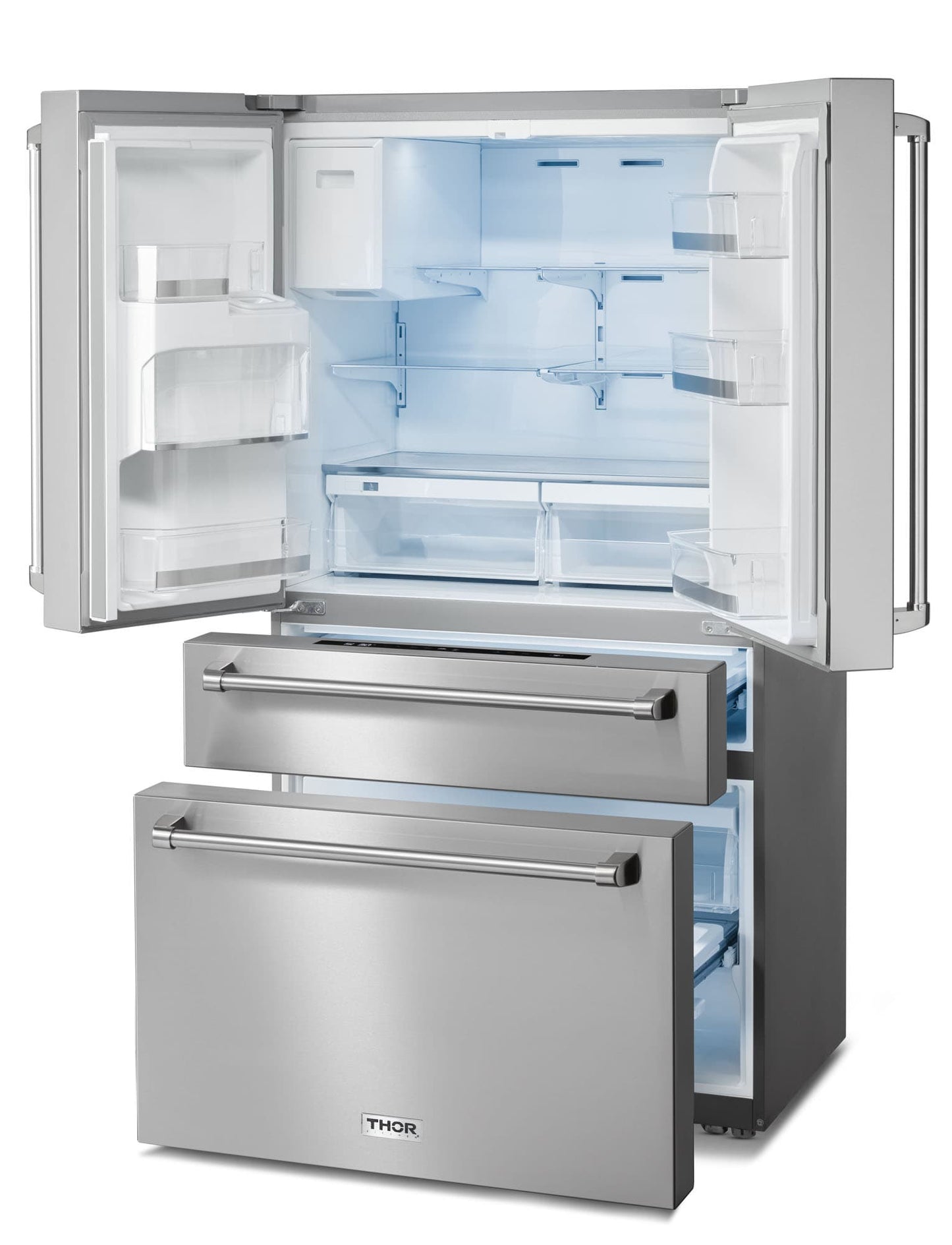 Thor Kitchen 5-Piece Appliance Package - 48-Inch Propane Gas Range, Refrigerator with Water Dispenser, Pro Wall Mount Hood, Dishwasher, & Microwave Drawer in Stainless Steel