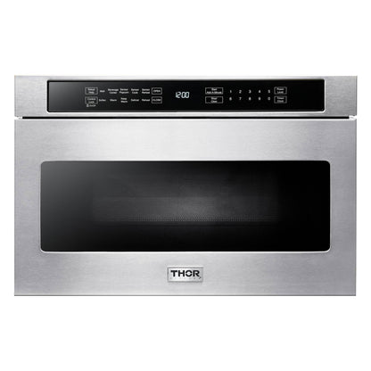 Thor Kitchen 5-Piece Appliance Package - 48-Inch Propane Gas Range, Refrigerator with Water Dispenser, Pro Wall Mount Hood, Dishwasher, & Microwave Drawer in Stainless Steel