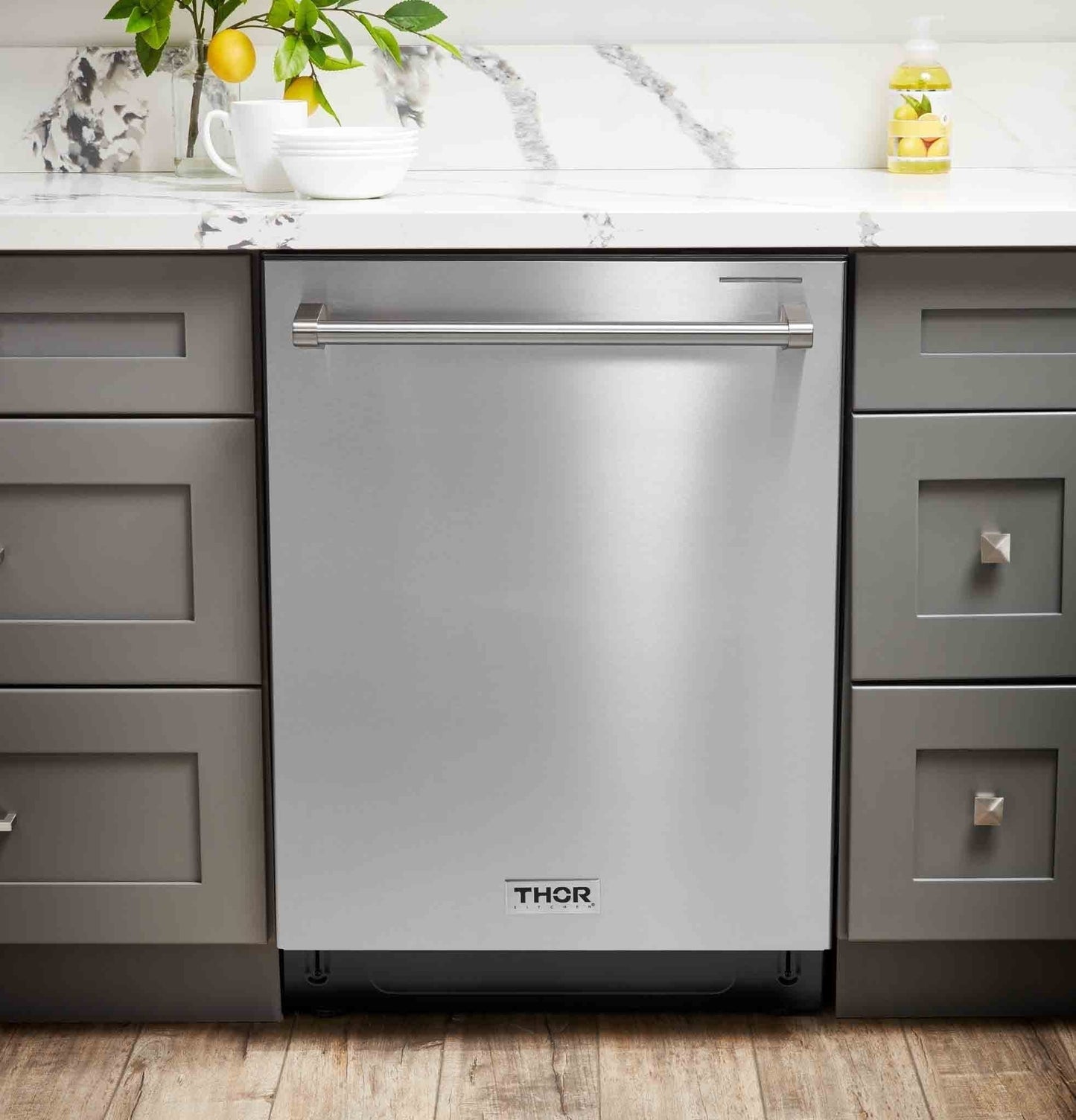Thor Kitchen 5-Piece Appliance Package - 48-Inch Propane Gas Range, Refrigerator with Water Dispenser, Pro Wall Mount Hood, Dishwasher, & Microwave Drawer in Stainless Steel