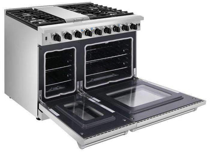 Thor Kitchen 5-Piece Appliance Package - 48-Inch Propane Gas Range, Refrigerator with Water Dispenser, Pro Wall Mount Hood, Dishwasher, & Microwave Drawer in Stainless Steel