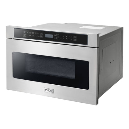 Thor Kitchen 5-Piece Appliance Package - 48-Inch Propane Gas Range, Refrigerator with Water Dispenser, Pro Wall Mount Hood, Dishwasher, & Microwave Drawer in Stainless Steel