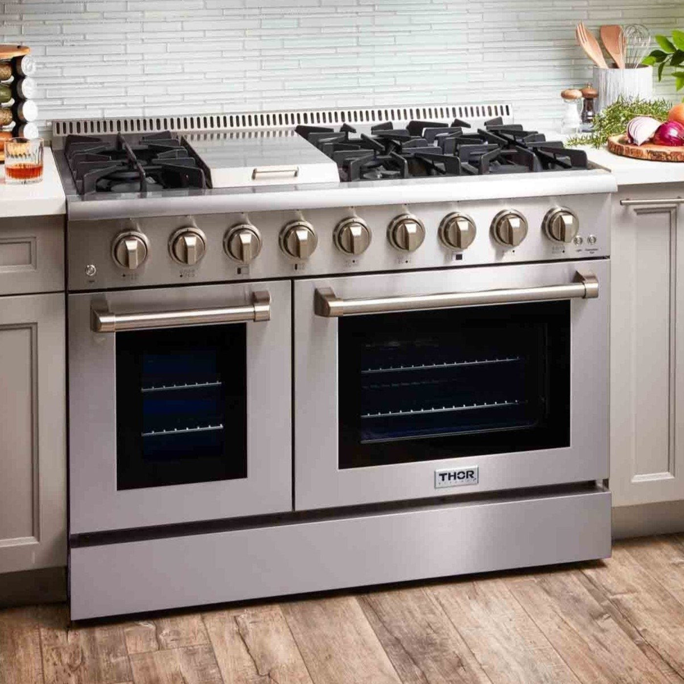 Thor Kitchen 6-Piece Pro Appliance Package - 48-Inch Dual Fuel Range with Propane Gas Cooktop , Refrigerator with Water Dispenser, Dishwasher, Pro Wall Mount Hood, Microwave Drawer, & Wine Cooler in Stainless Steel - APW6-HRD48C-LP