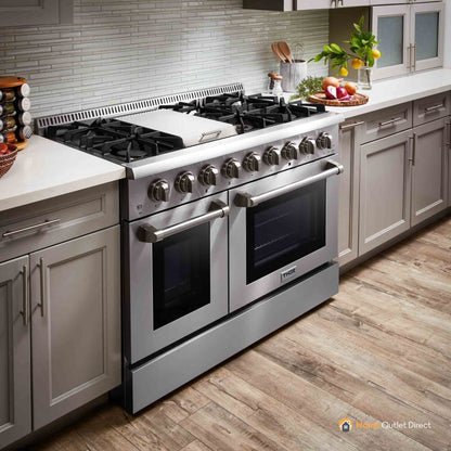 Thor Kitchen 6-Piece Pro Appliance Package - 48-Inch Dual Fuel Range with Propane Gas Cooktop , Refrigerator with Water Dispenser, Dishwasher, Pro Wall Mount Hood, Microwave Drawer, & Wine Cooler in Stainless Steel - APW6-HRD48C-LP