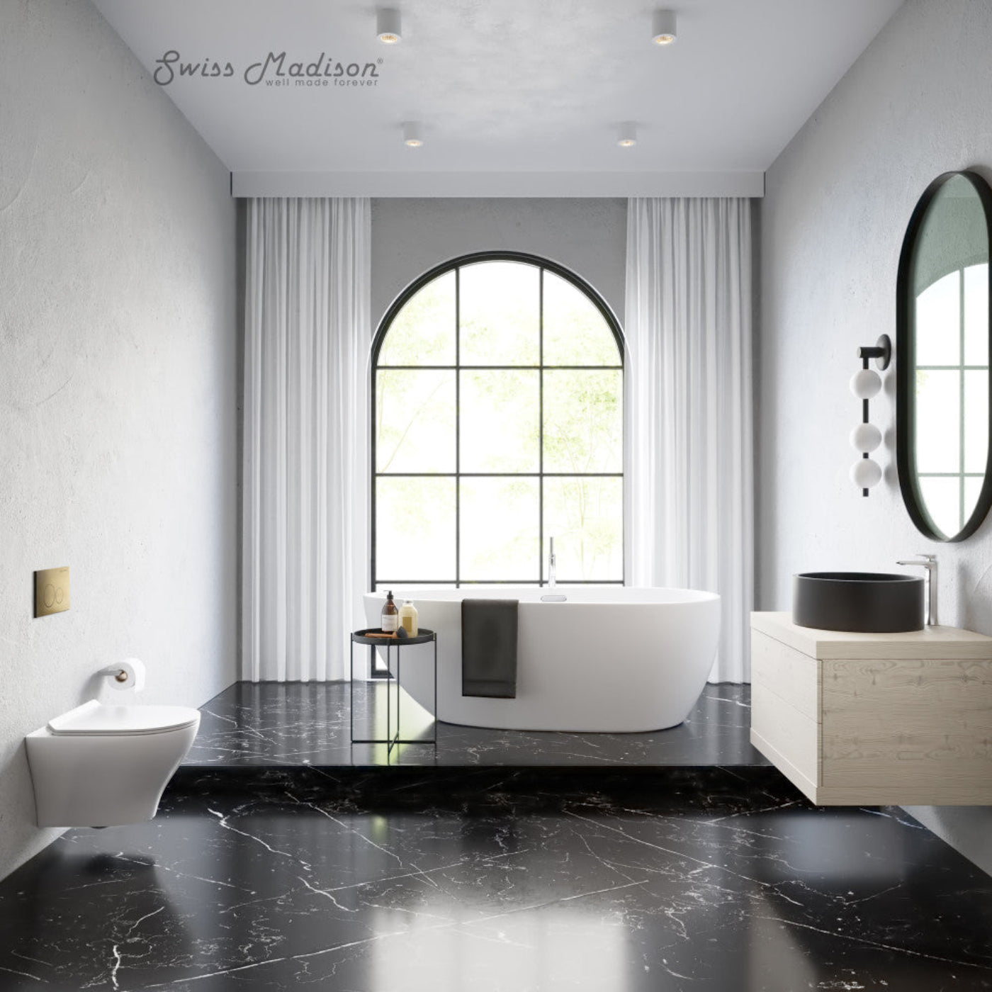 Swiss Madison Monaco Wall-Hung Toilet Bundle 0.8/1.6 GPF Dual Flush in Glossy White with Brass Flush Plate - SM-WT1002GW